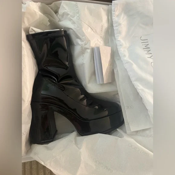 NWT Jimmy Choo Black Stretch Patent Fabric Ankle Boots- Hadi AB - Picture 9 of 11